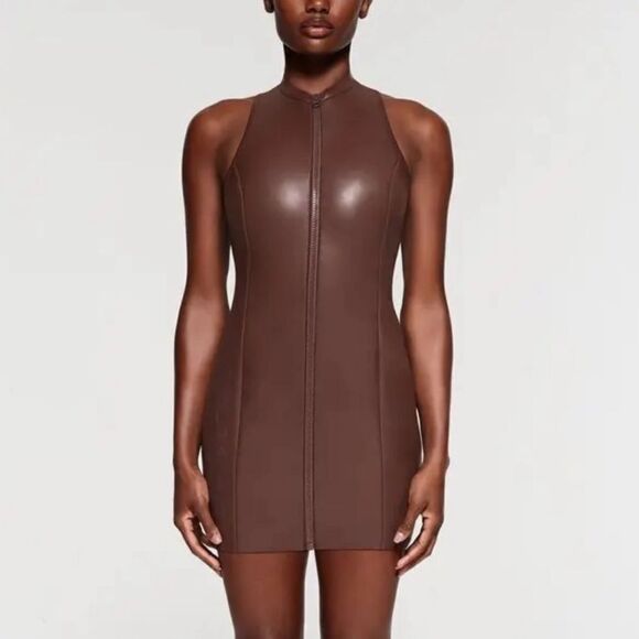 SKIMS Cocoa Brown Rubberized Scuba Swim Mock Neck Zip Front Mini Dress NWT - Picture 1 of 16